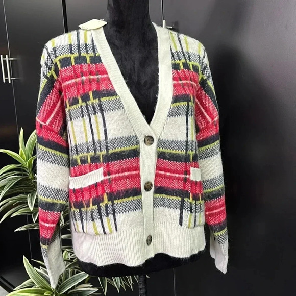 A.N.A. Knit Cardigan,V-neck,button-down,2 front pockets,plaid,warm,cozy,soft - Picture 1 of 10